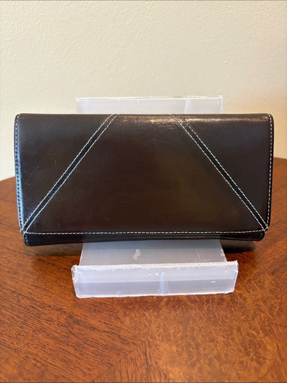 Loft  wallet women’s slim  trifold wallet dark brown/white contrast stitching EU